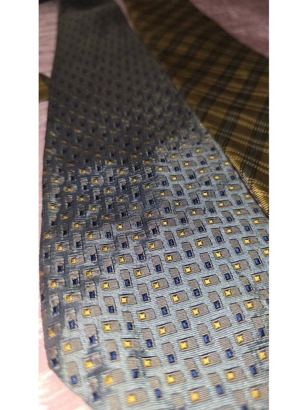 Barrington Men’s Necktie Lot of 2 Blue Geometric & Gold Plaid Classic Ties